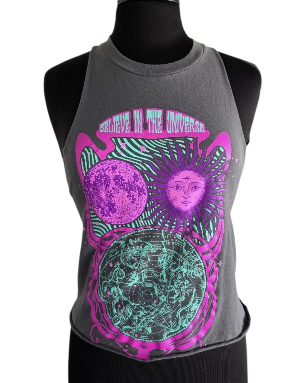 Believe in the Universe Graphic Tank Top - Gray with Pink & Teal Print